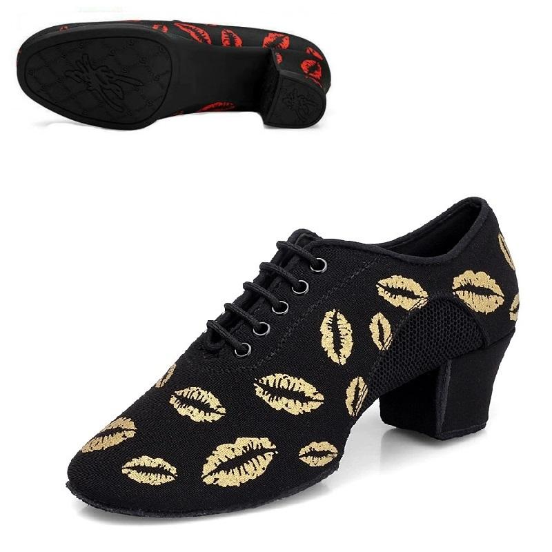 Lip Print Latin Dance Shoes Women Oxford NET Cha Cha Dance Shoes Ballroom Dancing Shoes Mesh Sneakers Canvas Square Shoe Woman