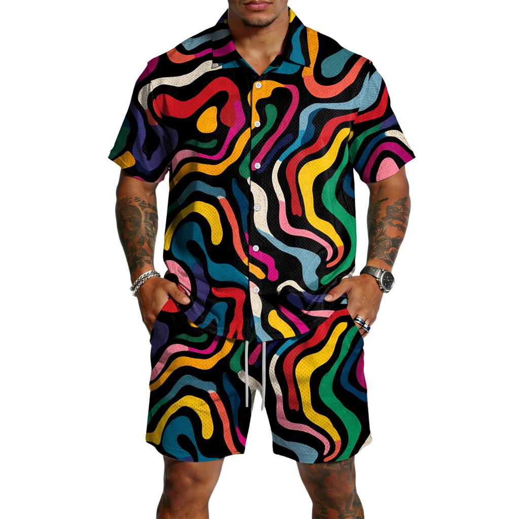 Men's Casual Lightweight Breathable Short Sleeve Shirt with Drawstring Shorts Set Swirl Pattern Summer Outfit for Outdoor Use