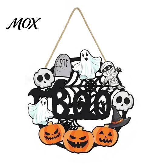 Scary Party Supplies Halloween Wooden Wreath Door Hanger Sign, Pumpkin Ghost Black Cat Witch Rustic Wall Art Bat Patterns, Hanging Plaque for