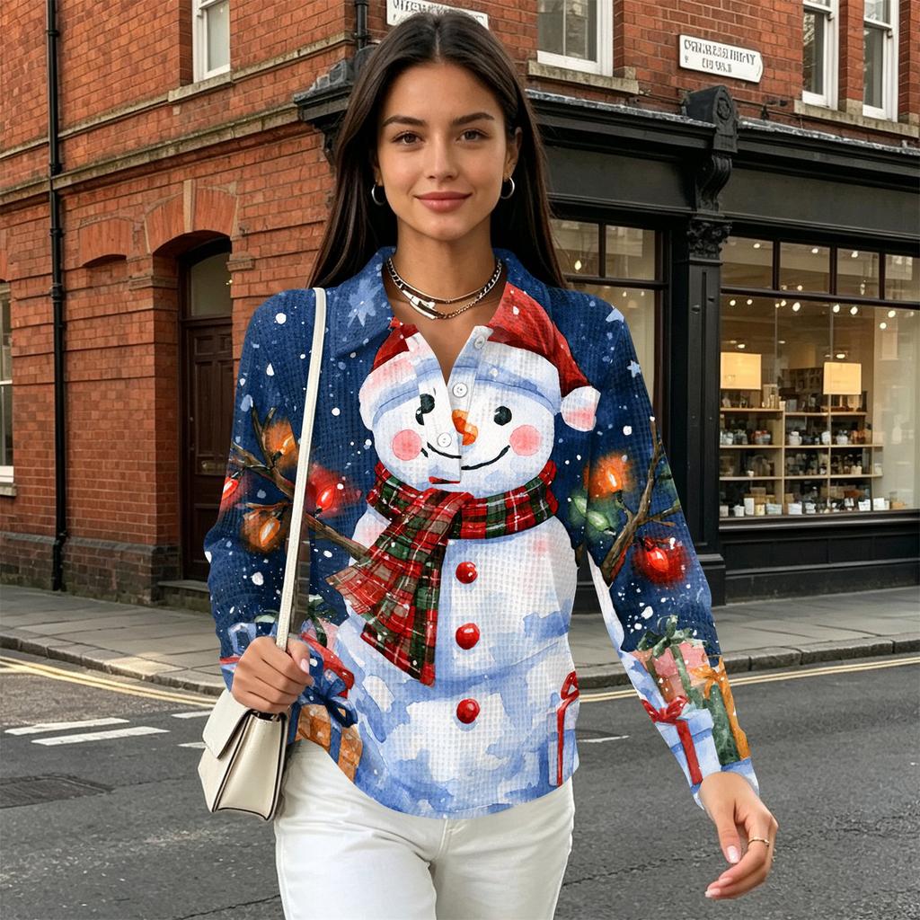 Women's Casual Button Long Sleeve Christmas Print Collared Top with Side Slits At Hem