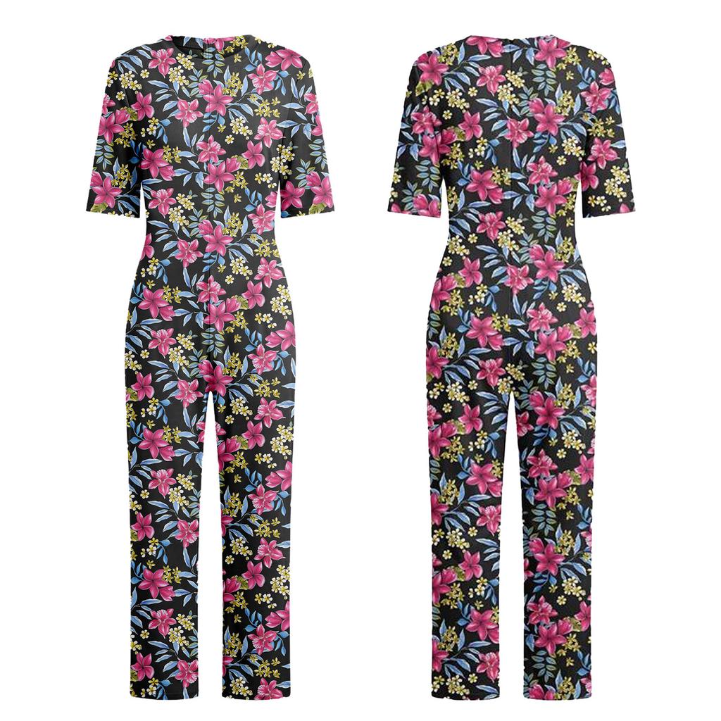S-3XL Womens Elderly Nursing Floral Print Jumpsuit Short Sleeve Back Zipper Lounging-style Anti-strip Adaptive Rompers for Alzheimer Special Needs