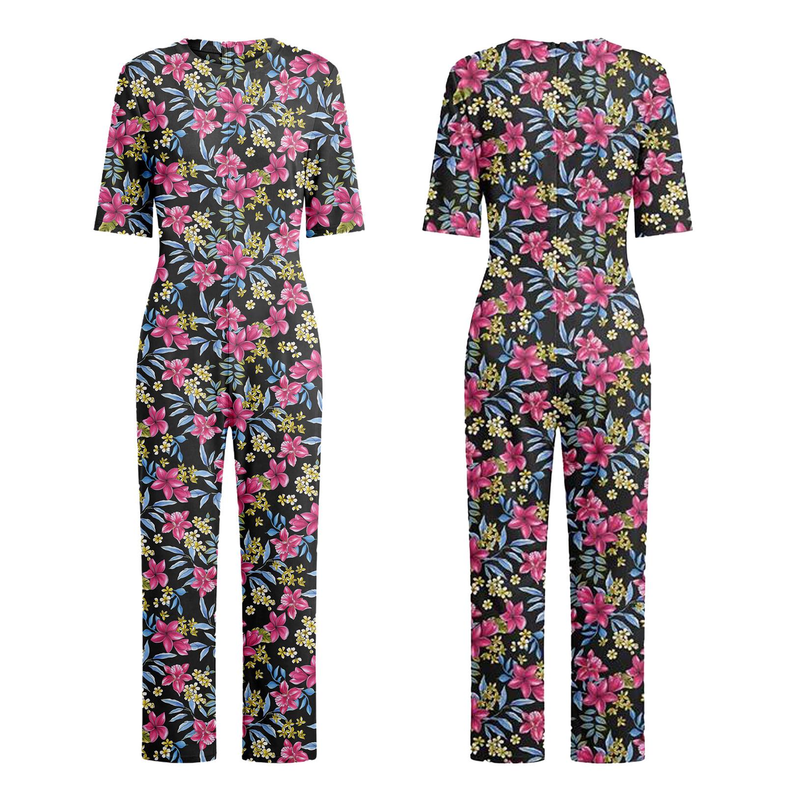 

S-3XL Womens Elderly Nursing Floral Print Jumpsuit Short Sleeve Back Zipper Lounging-style Anti-strip Adaptive Rompers for Alzheimer Special Needs S