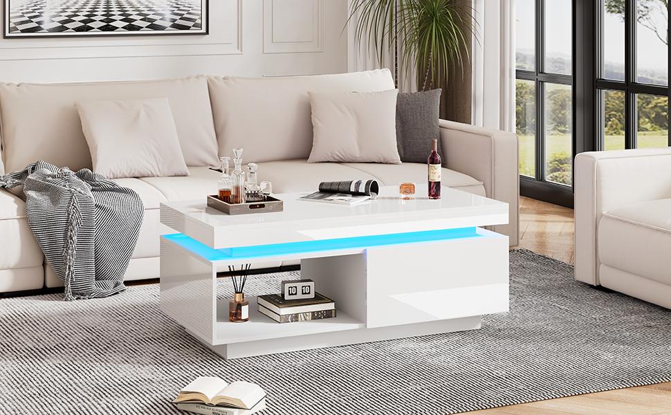 Moderner Hochglanz-Couchtisch mit LED-Beleuchtung, 100x50x40,3 cm – Eleganter Tisch mit Schublade und 50 kg Tragfähigkeit