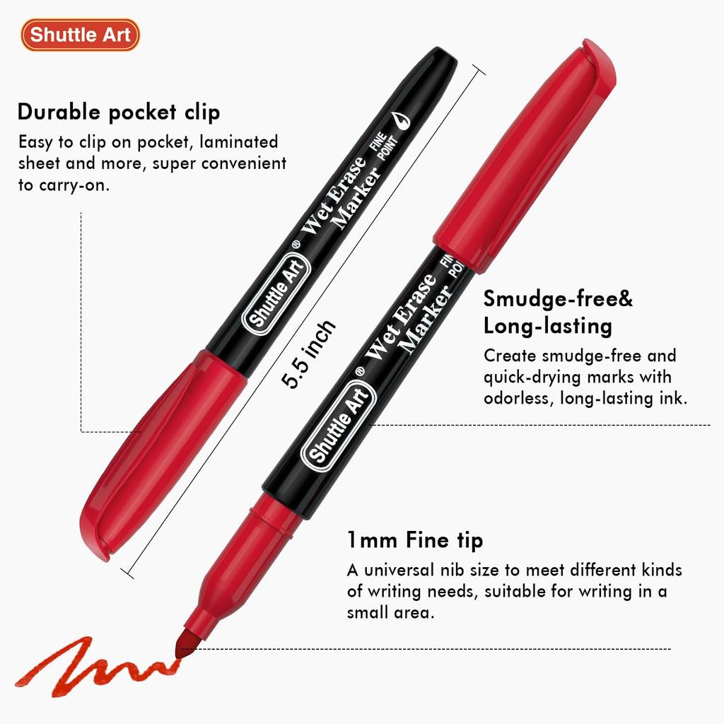 Shuttle Art Whiteboard Marker Fine Tip for and LED Suitable for and Markers, Water-Erasable Pens, 12-Color Set, (1mm), Whiteboards, Glass, Plastic,
