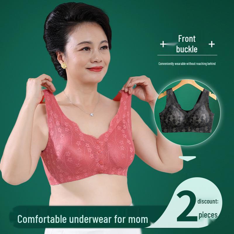 Lace Front Closure Wire-Free Bra for Middle-Aged & Elderly Women - Comfortable, Breathable, Plus Size Underwear