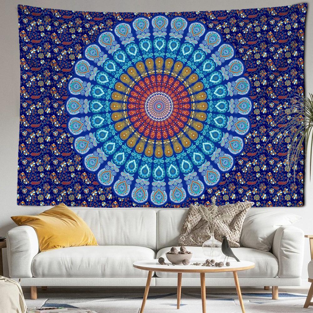Tapiserie cu mandala albastru și violet, agățat pe perete, Hippie Tapiz, estetică simplă, abstractă, decor acasă
