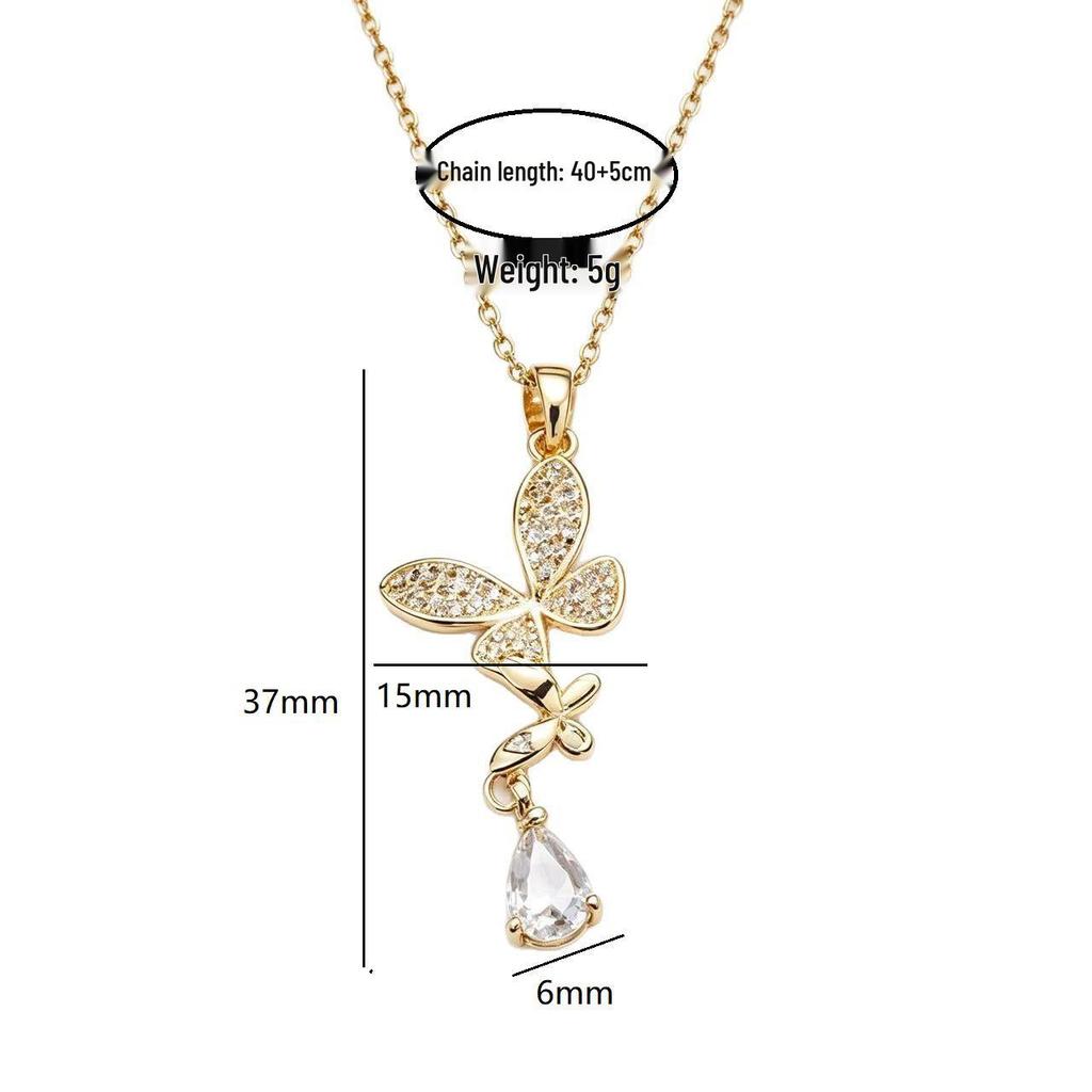 Korean Water Drop Butterfly Zirconia Tassel Necklace for Women - Titanium Steel Clavicle Chain Jewelry