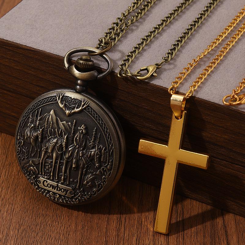 

2 шт./набор, мужские кварцевые карманные часы, винтажные карманные часы с подвеской в виде ковбоя в стиле вестерн и 1 шт. мужские винтажные классические крестовые подвески на ожерелье,