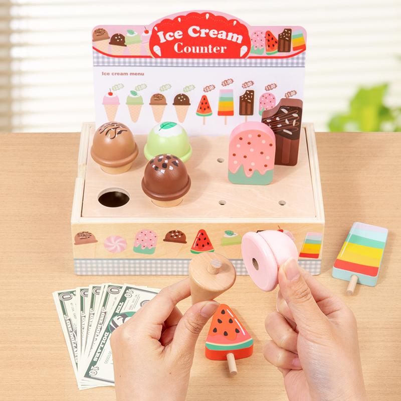 Wooden Ice Cream Counter Playset for Toddler Toys, Montessori Pretend Play Food Toys Kitchen Accessories