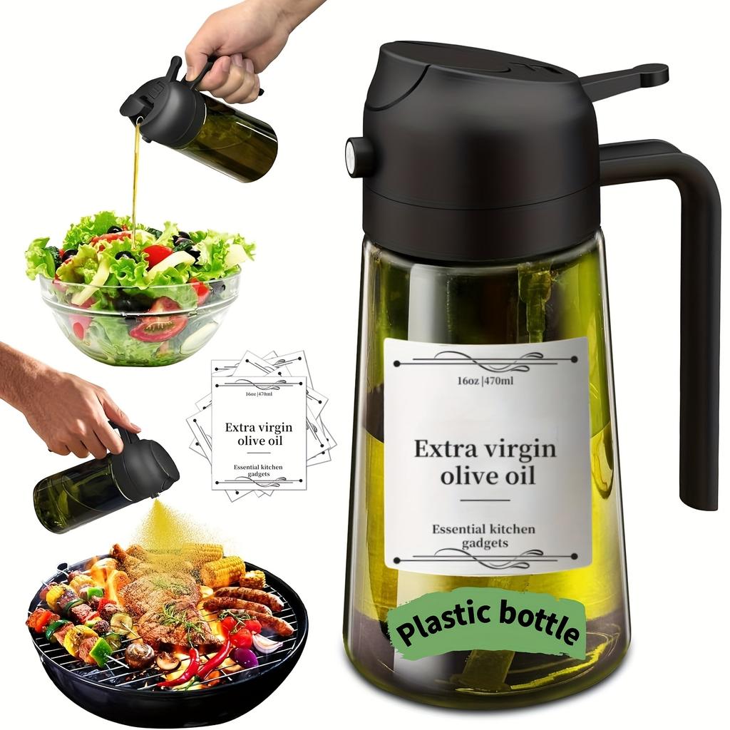 1pc 2-in-1 Olive Oil Dispenser & Sprayer, 16oz/470ml Dark Green Bottle, Durable Plastic with 6 Stickers, Kitchen Cooking Gadget
