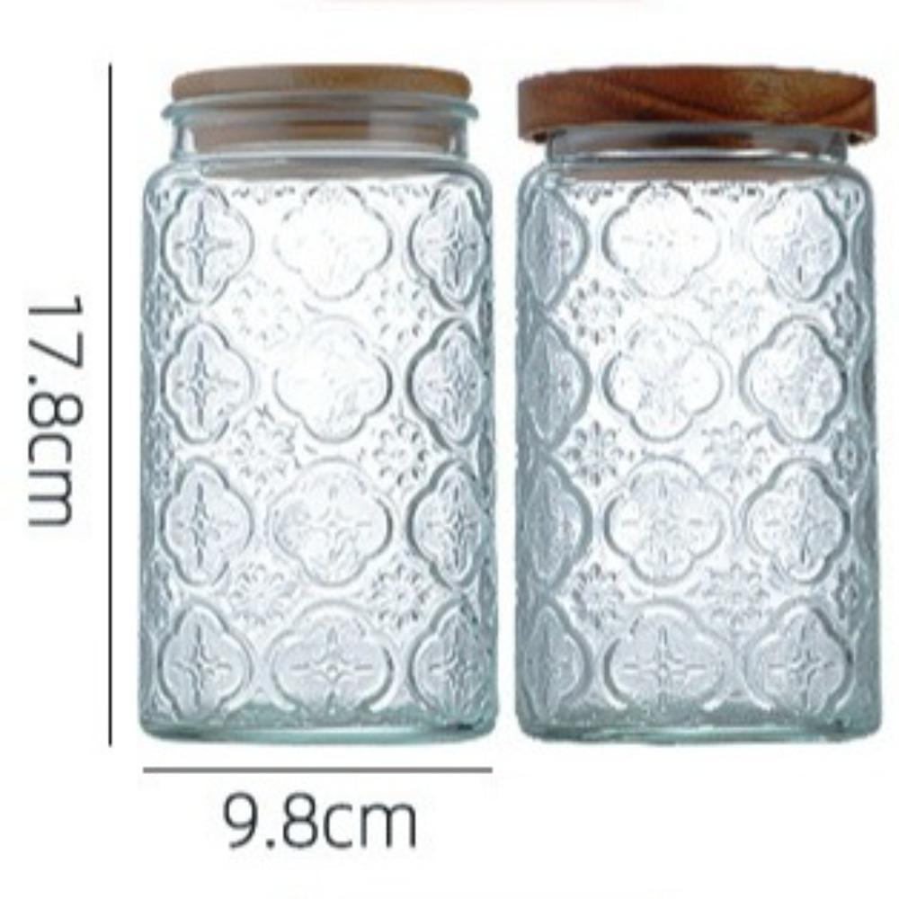 New 1000ML Storage Bottles Jars Embossed Pattern Glass Food Storage Containers with Wooden Lid Begonia Airtight Canister Kitchen