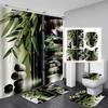 4ks Zen Green Bamboo Buddha Series Súpravy sprchových závesov do kúpeľne Protišmykové kúpeľňové koberčeky Veko WC kryt Podložka pod vaňu