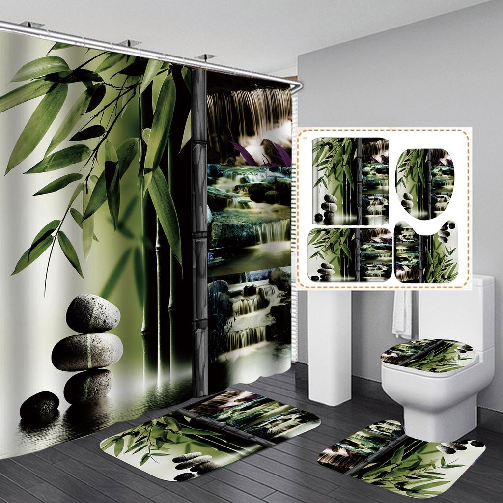 Set Bagno 4 Pezzi Geometrico Nero – Tenda Doccia 180x180 + Tappeti Antiscivolo + Copriwater + 12 Ganci Inclusi