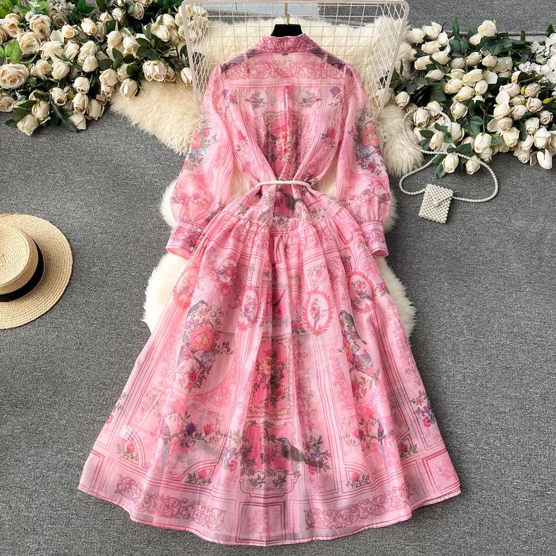 Summer Holiday Beach Long Dress Women's Lapel Long Lantern Sleeve Floral Print Sashes Lace Up Chiffon Loose Dresses