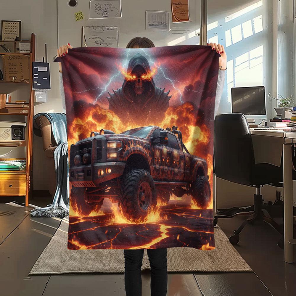 1Pc Cool Pickup Truck Print Flannel Blanket, High Quality Comfortable for All Seasons, Home Decor, Warmth and Comfort, Perfect for Christmas Gifts
