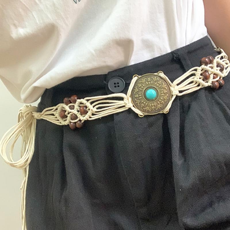 Women Shirt Waist Belt Vintage Bohemian Adjustable Braided Waist Belt with Tassels Women Dress Shirt Wide Waist Belt