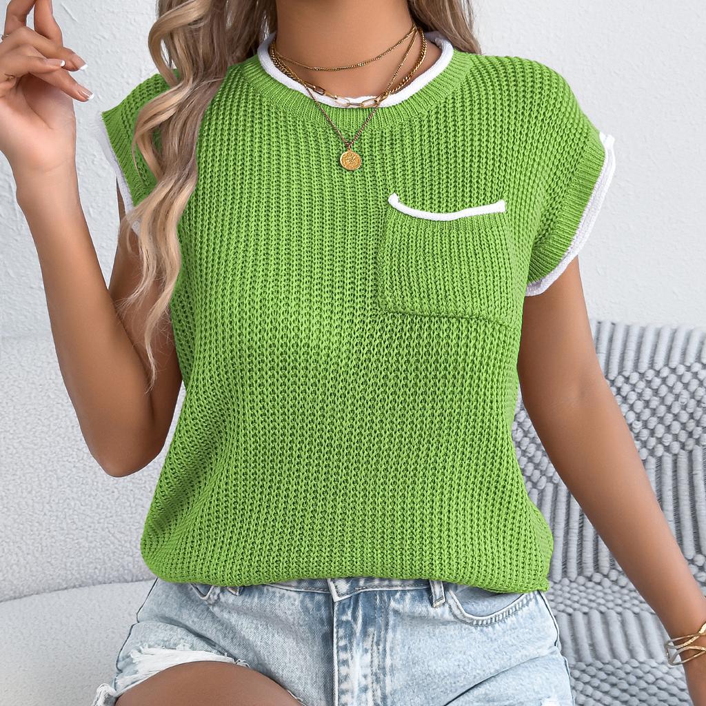 Women Contrast Trim Pocket Cap Sleeve Knit Top