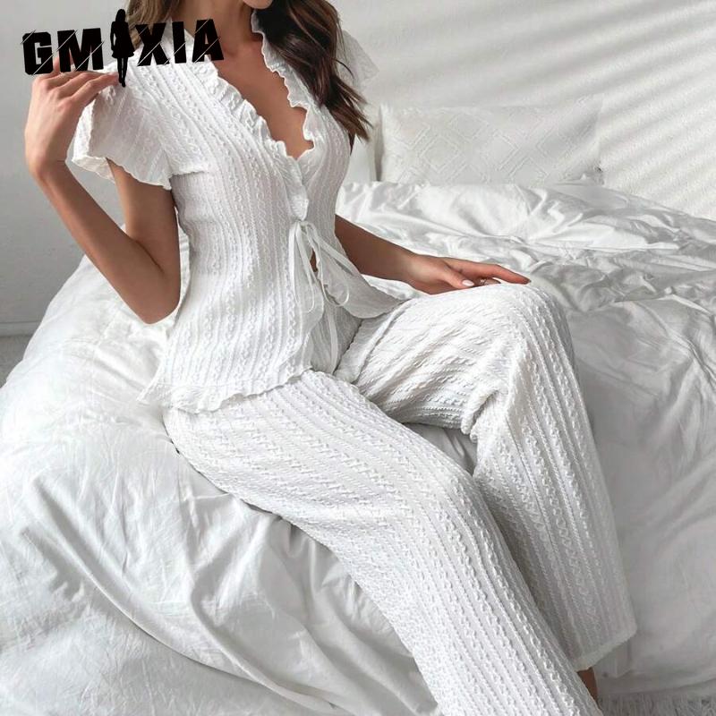 

GMXIA Pyjamas Women s Strappy Short-sleeved Trousers Casual Fashion Sexy Homewear Two-piece Suit Set XL белый