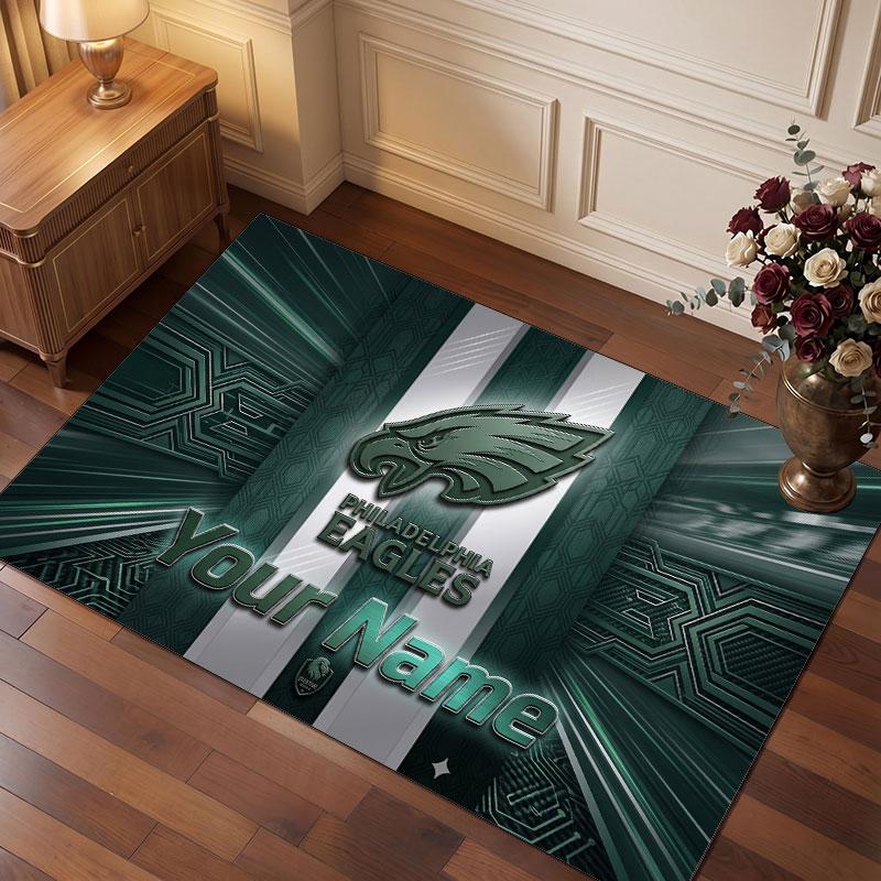 Philadelphia Eagles Personalisiertes Kristall-Samt-Teppich, Benutzerdefinierter Namens-Text Weicher Anti-Rutsch-Teppich für Wohnzimmer Schlafzimmer