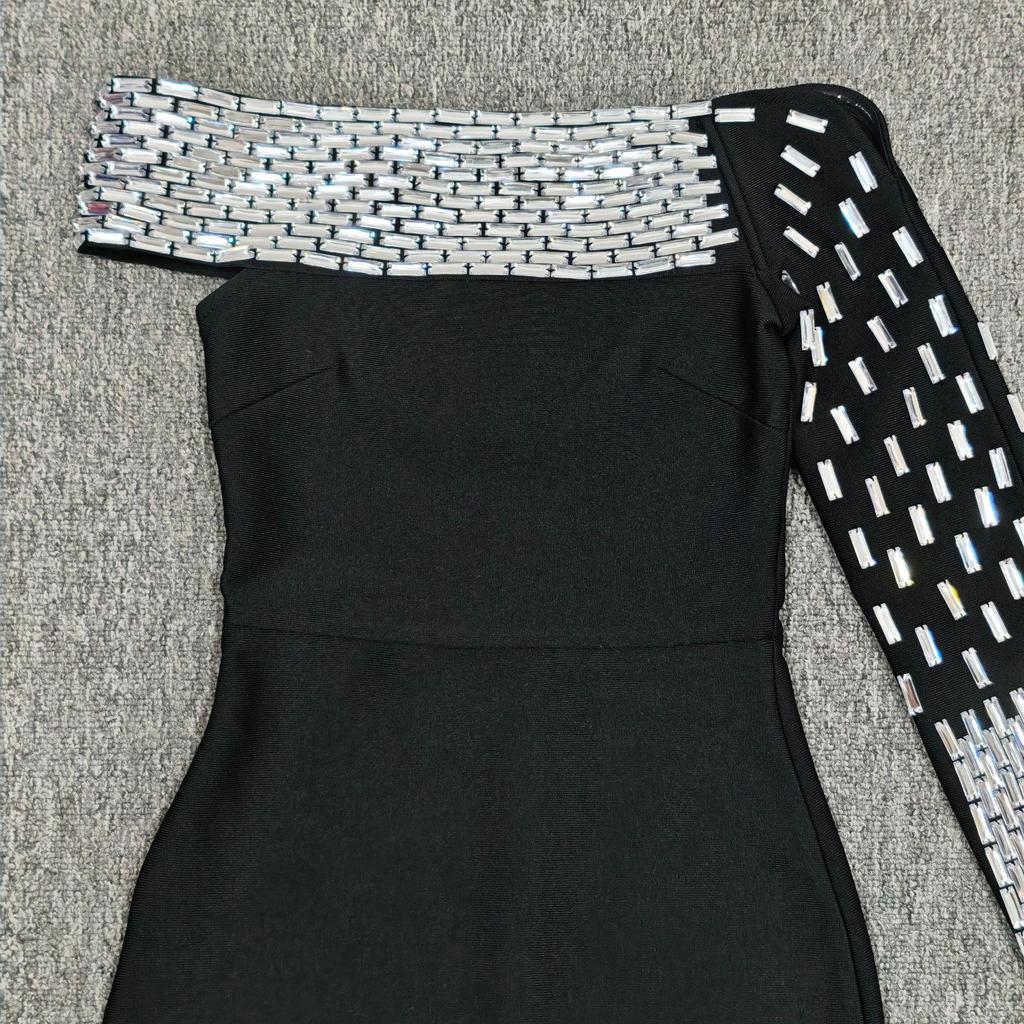 Rochie Bodycon Bandaj Europeană & Americană cu Strass-uri, pe un umăr