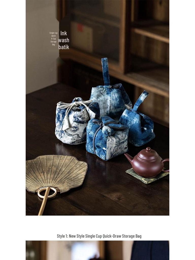 Portable Travel Tea Set with Ink Wash Batik Design: Quick-Brew Teapot, Fair Cup, and Zisha Pot Storage Bag
