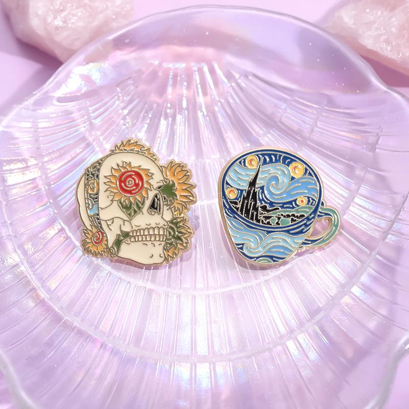 Van Gogh Oil Painting Enamel Pin Art Abstract Starry Sky Sunflower Moon Skulls Brooches Lapel Badge Jewelry Gifts For Friends