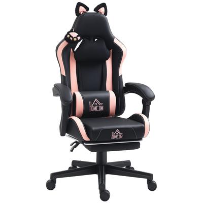 Gaming-Stuhl mit Katzenohren, verstellbare Rückenlehne, ausziehbare Fußstütze, bis 120 kg, Rosa/Schwarz