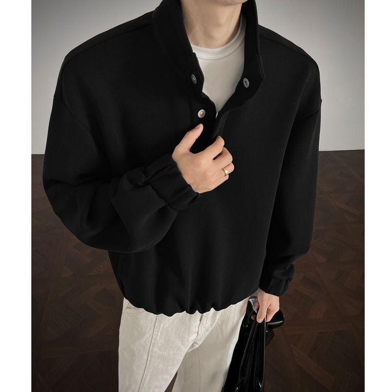 No Logo Official Heavyweight Sports Style Magnetic Buckle Stand Collar Casual Sweatshirt Solid Color Jacket for Men Versatile Black 3XL