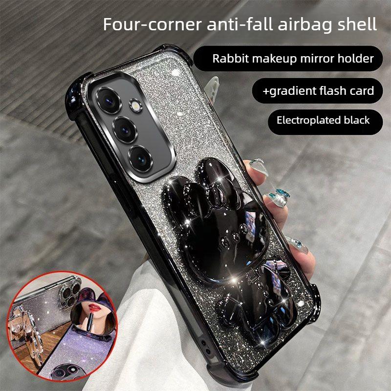 Glitter Mirror Rabbit Stand Holder Phone Case for Samusng Galaxy A57 A37 A17 A07 A56 A36 A26 A16 A55 A35 Four Corner Soft Cover
