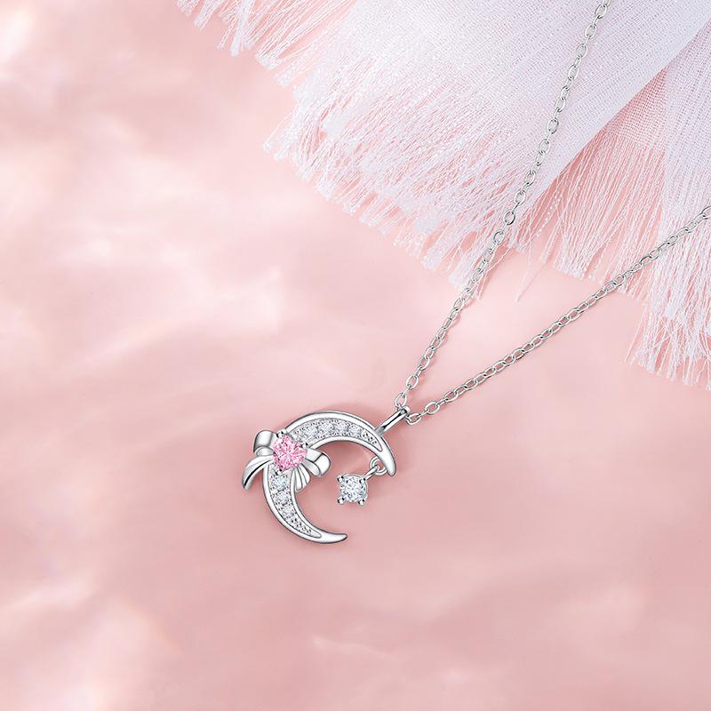 Heart Moon Necklace Women's Light Luxury Niche Pink Love Bow Stainless Steel Clavicle Chain