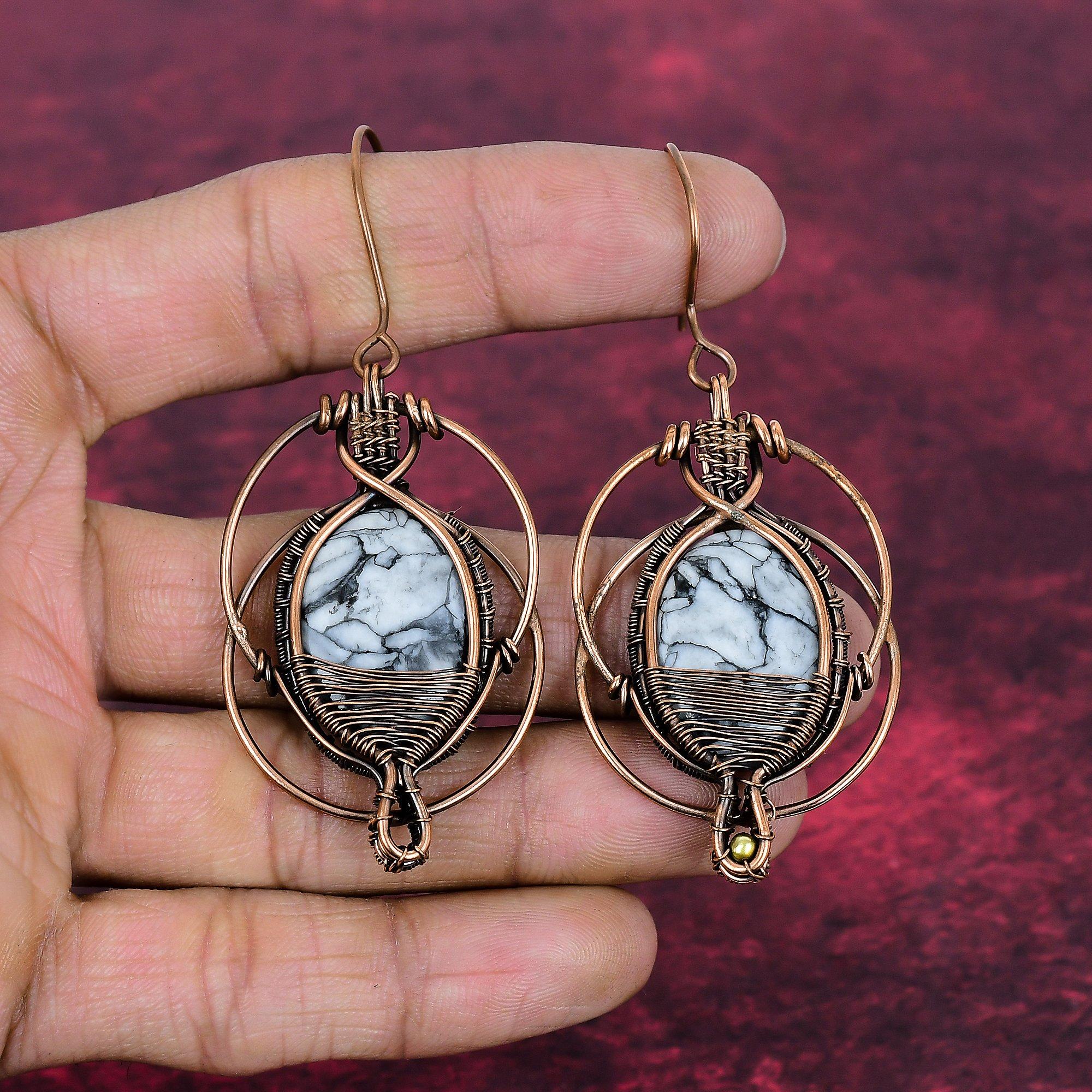 Pinolith Jasper Earrings Natural Gemstone Jewelry Copper Wire Wrapped Earrings