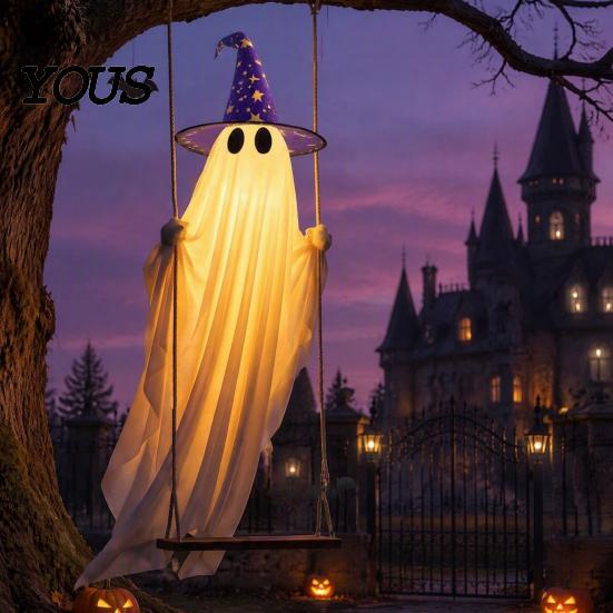 Remote Control Ghost Decor Halloween Swing with 2 Hats, Ornament LED Tree Hanging String Light, Glowing for Porch Garden Witch Hat
