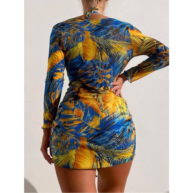 New Transparent Mesh Digital Three-piece Printed Sunscreen Beach Bikini Swimsuit