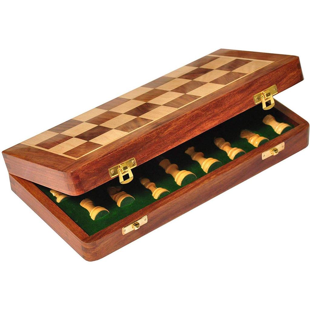 Kid Wooden Folding Handmade Chess Board Set With Magnetic Pieces With Extra Queen, 2 Players | 12.5X12.5 Inches |Multicolored