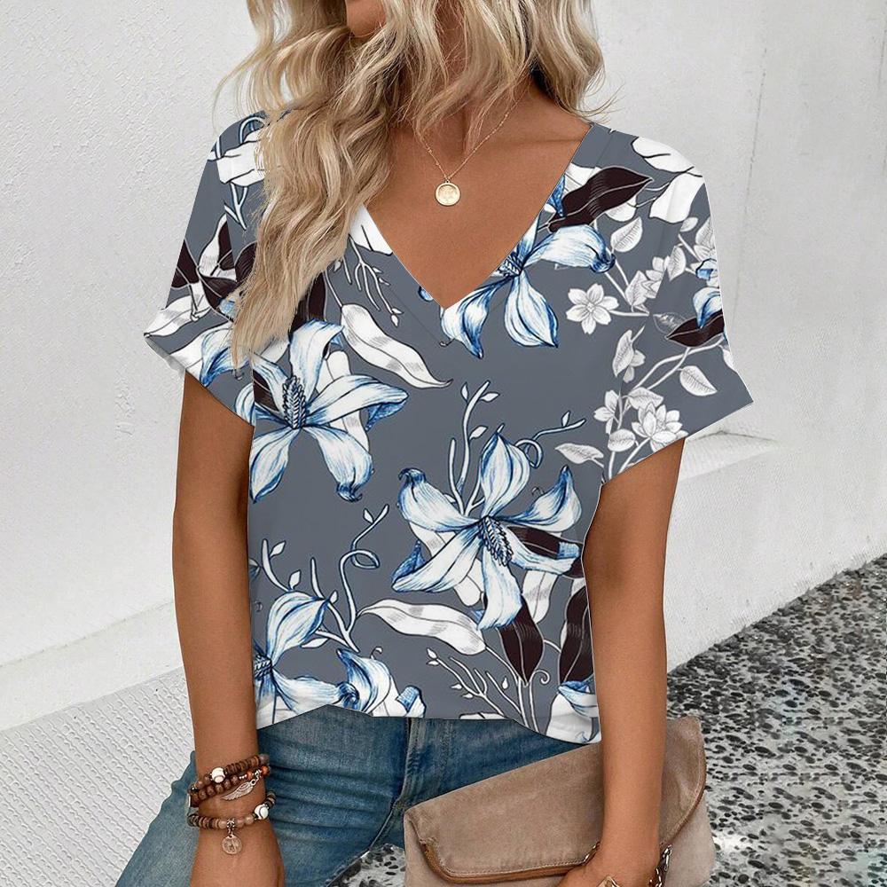 Elegant Women's V-neck T-shirt Fashion Floral Pattern Printing T-shirt Popular Women's Short-sleeved Summer Casual T-shirt