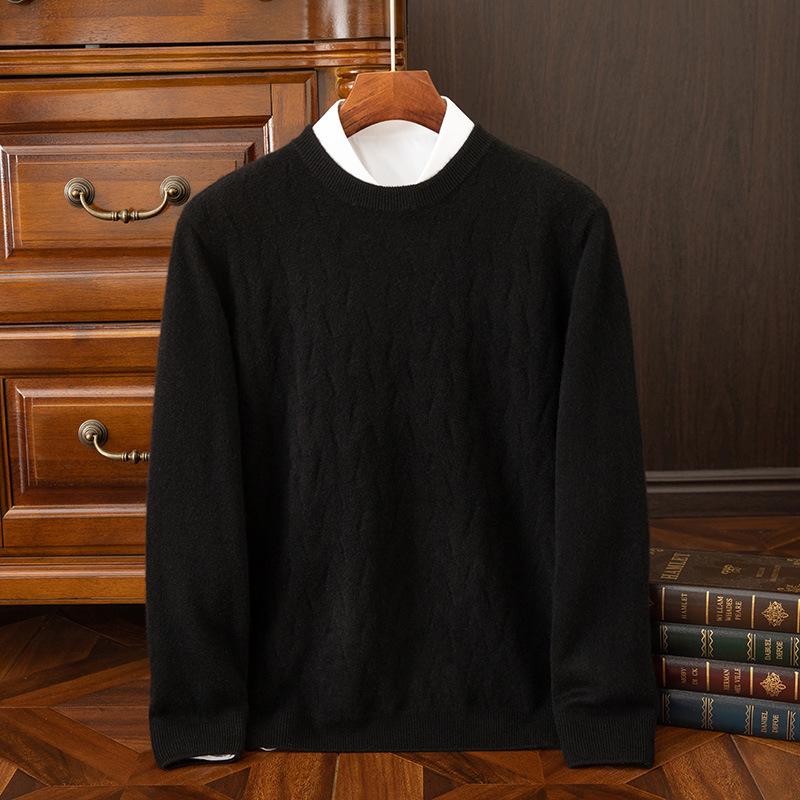 Men's Thickened Warm Cashmere Sweater - Round Neck, Solid Color, Casual Knitwear for Autumn/Winter.