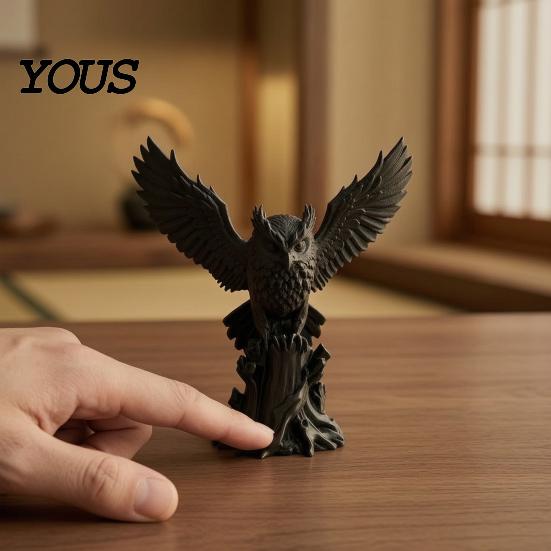 Decorative Sculpture for Tea Table Owl On Tree Stump Figurine, 3D Printed Animal Sculpture, Collectible Matte Black Dark Ornament Home Office