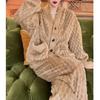 Damen Einfarbiger Jacquard Flanell Pyjama Set - V-Ausschnitt Cardigan Fleece Homewear für Herbst und Winter