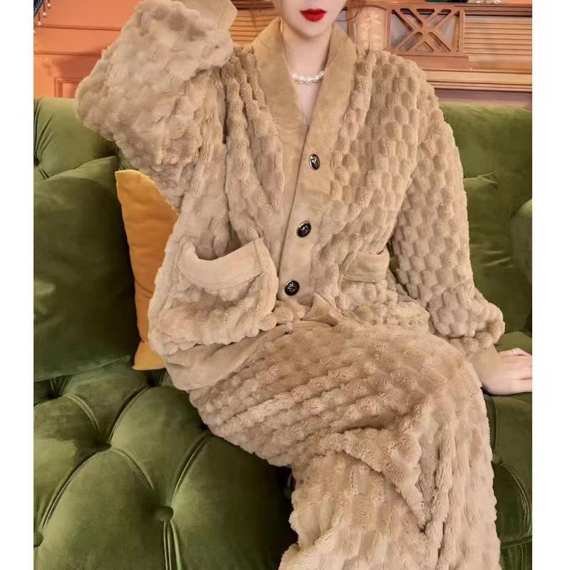 Women's Solid Color Jacquard Flannel Pajama Set - V-Neck Cardigan Fleece Homewear for Autumn and Winter