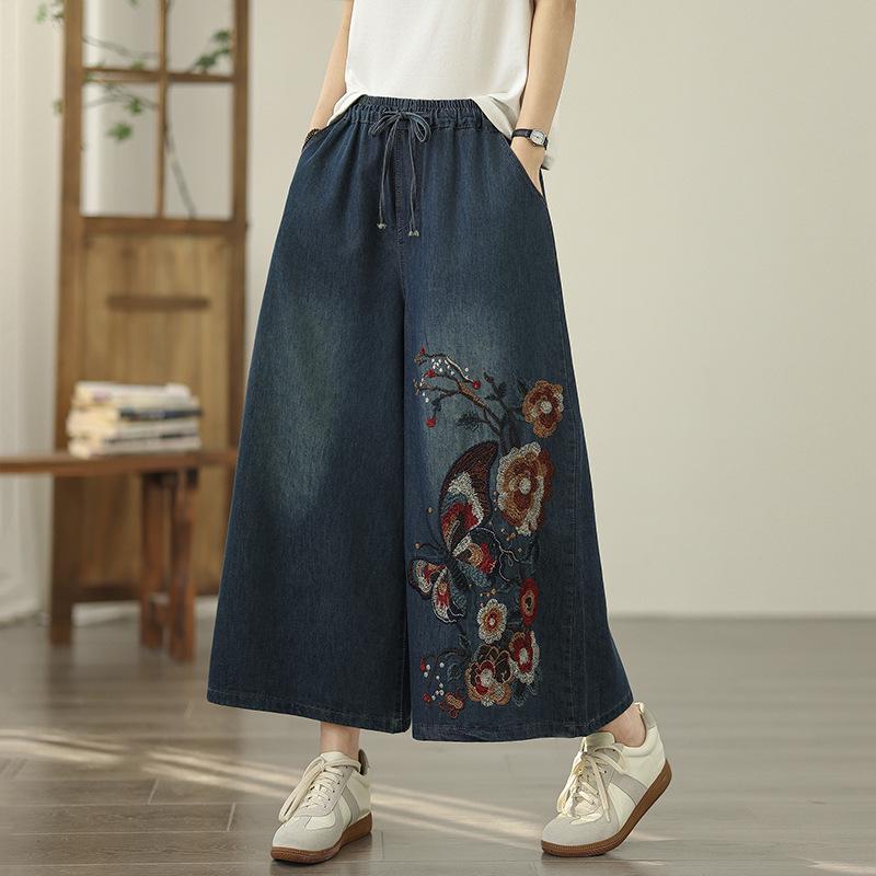 Ethnic Embroidered Wide-Leg Plus Size Soft Denim Pants Medium темно-синий