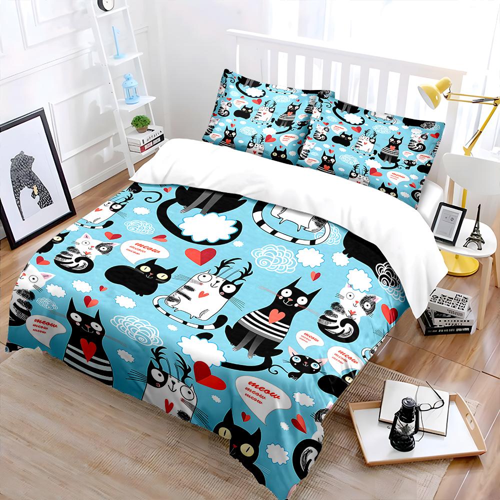 Cartoon cat and heart illustration Bedding Set for Kids Luxury Gift 3pcs Digital Print Comforter Set Soft Comfortable Breathable