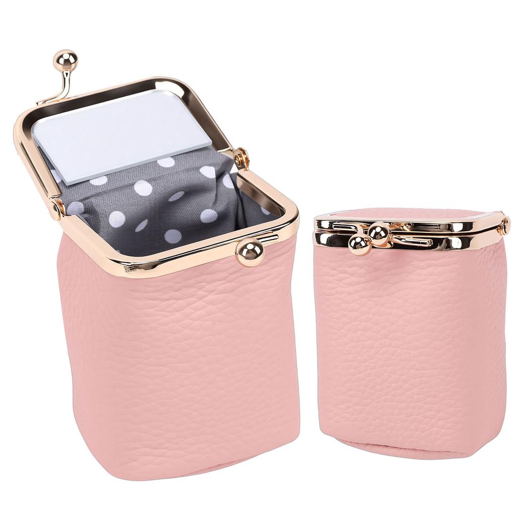 Étui à rouge à lèvres en cuir avec miroir Fermeture métallique Pochette de maquillage Mini étui cosmétique de voyage pour femmes Porte-cartes de crédit Cadeau