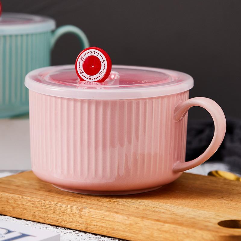 Nordic Ceramic Noodle Bowl with Lid Single Ear Design for Home Office Student Dormitory
