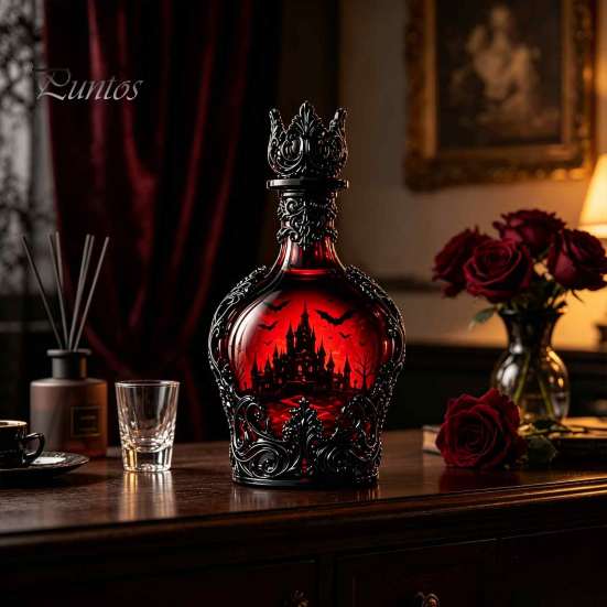 Verdickte Whiskeyflasche 1200ML Halloween Fledermaus Schloss Flasche, 320ML Vintage Gotischer Glas Wein Likör Halter Becher, Dekorative Karaffe Flachmann für