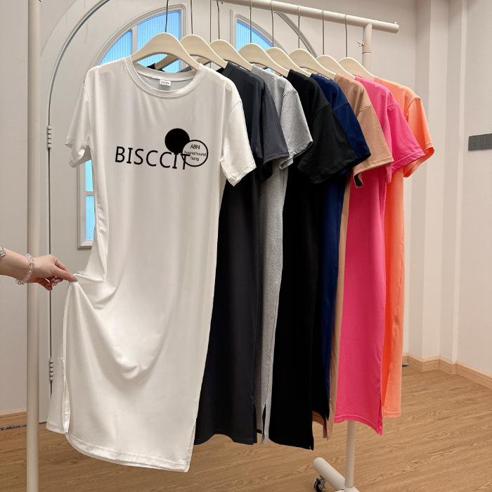 Knee-length T-shirt Dress, Loose, Casual and Laid-back Style Straight Skirt, Round-neck Double Slit Short-sleeved Dress for Women In Summer