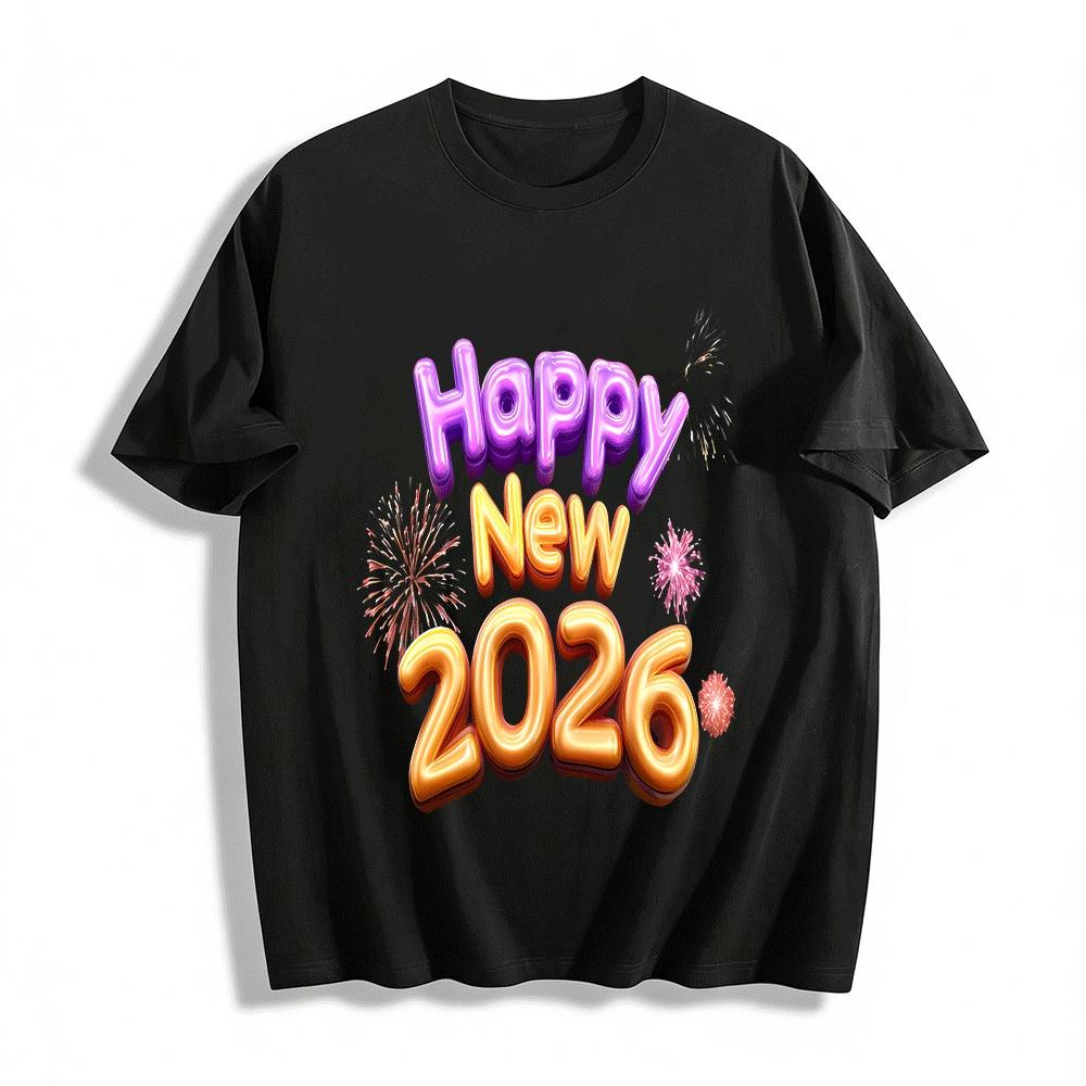 

Happy New Year 2026 Printed Casual Loose Fit Top For Men Women Pure cotton T-shirt XXS