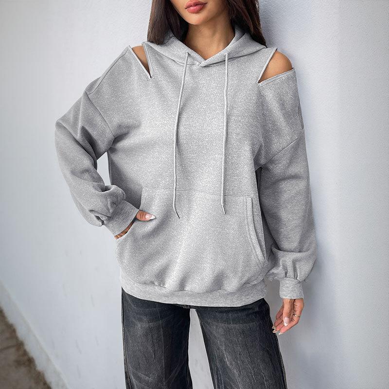 Women's New Long-sleeved Drawstring Hooded Pullover Sweatshirt for Women's Solid Color High-end Gray Slip-shoulder Pocket Sweatshirt