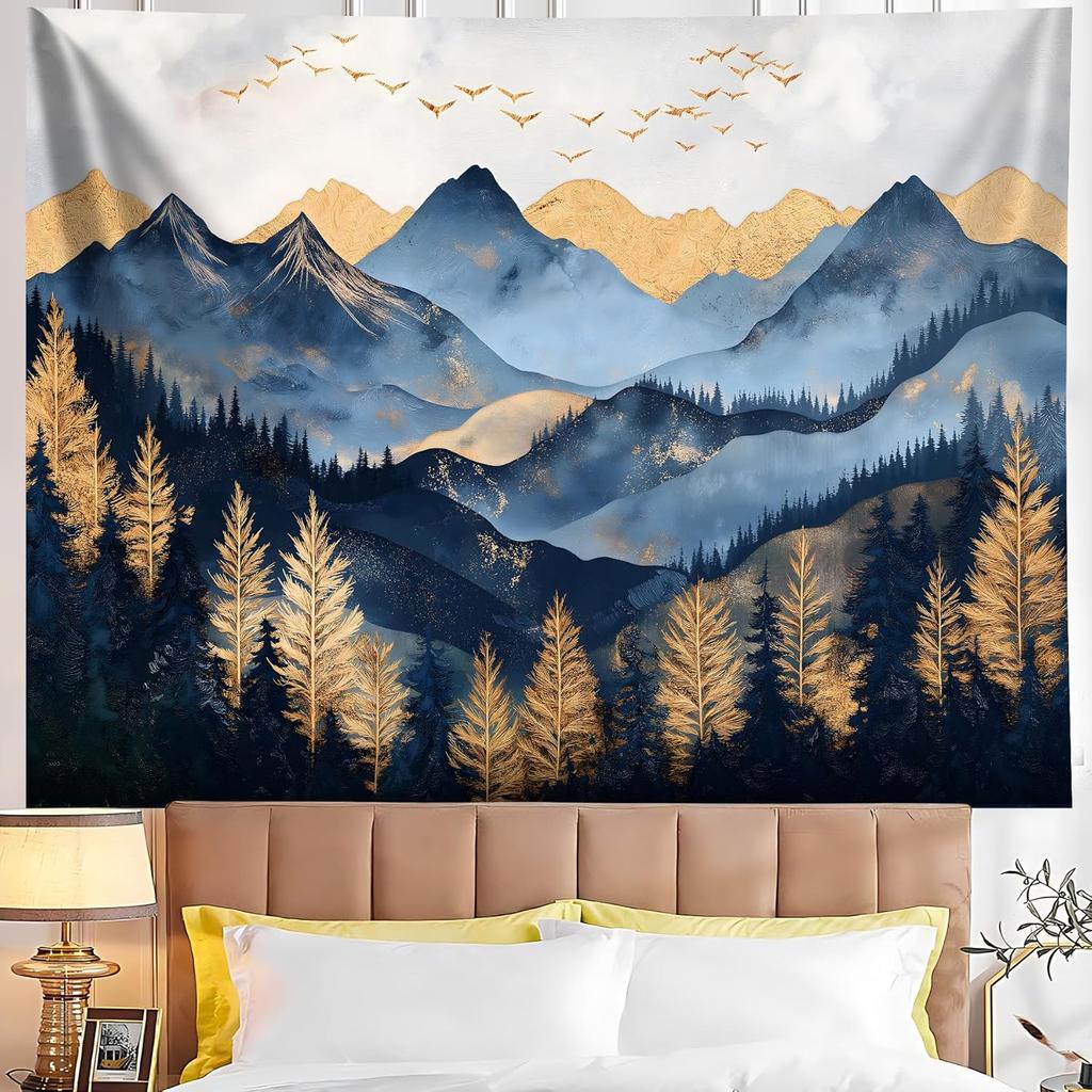 Nature Mountain Forest Tapestry for Bedroom, Landscape Wall Hanging Tapestries, Scenic Green Pine Tree Waterfall Landscape Wall
