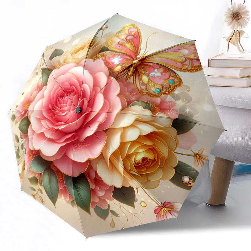 Blumenfantasy mit Schmetterlingen Automatischer Outdoor-Regenschirm Einziehbares Design mit 8 Speichen Langlebig Leicht Perfektes Geschenk für Freunde Familie