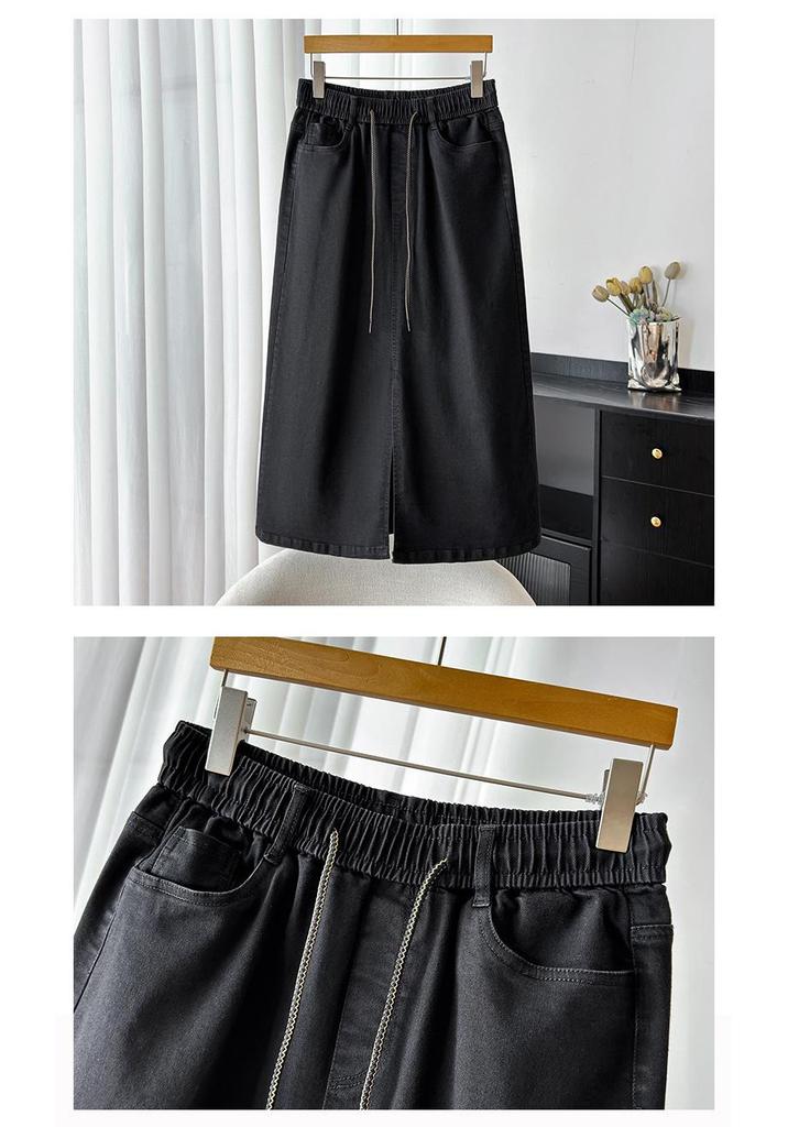 Autumn Women's Plus-Size Denim A-line Skirt with Front Slit, High Stretch, and Slimming Fit